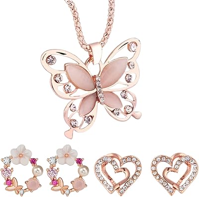 女士项链   2 对耳环套装长款吊坠玫瑰蛋白石链项链金色珠宝项链吊坠